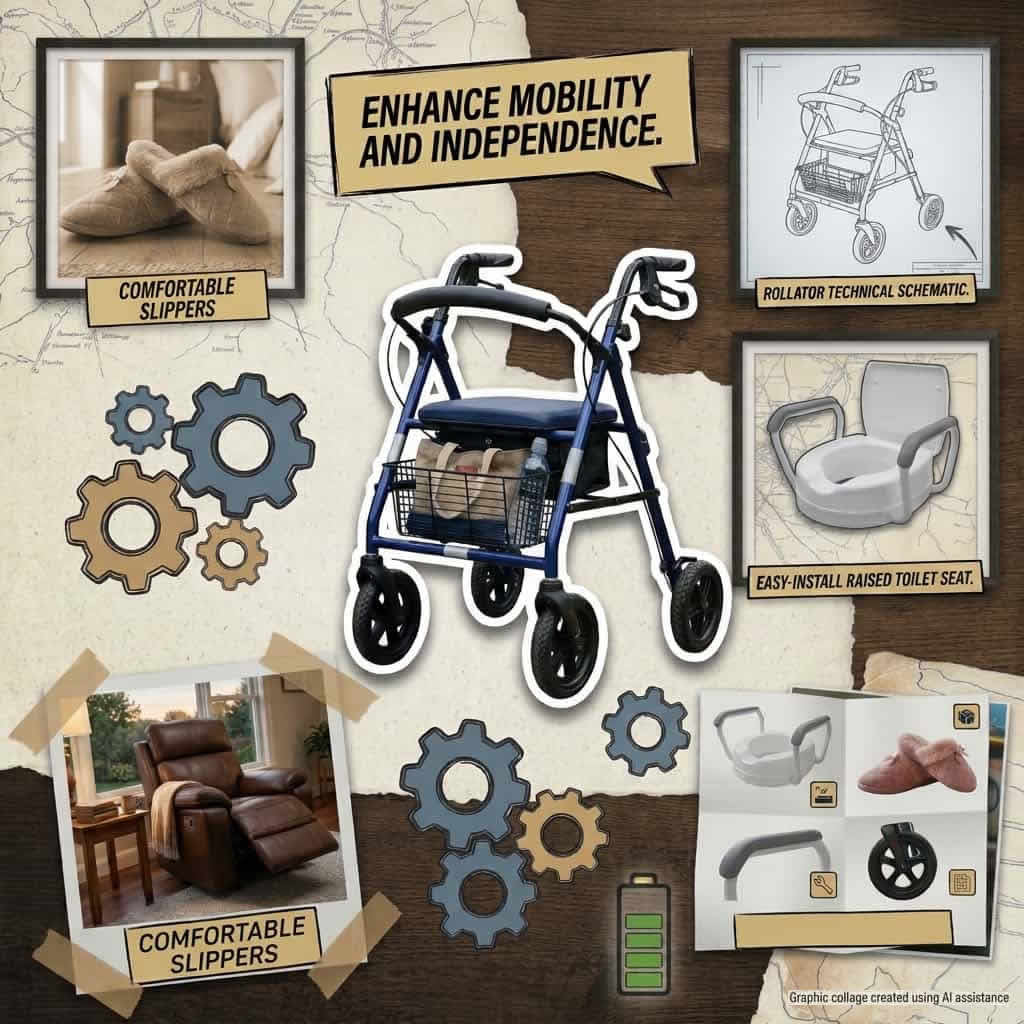 An array of daily living aids including rollators, specialized footwear, walking frames, and bathroom safety equipment.