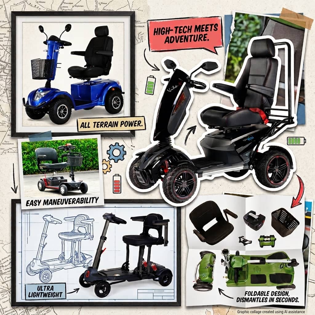 A collection of various mobility scooters, showcasing compact boot scooters and robust road-legal machines.