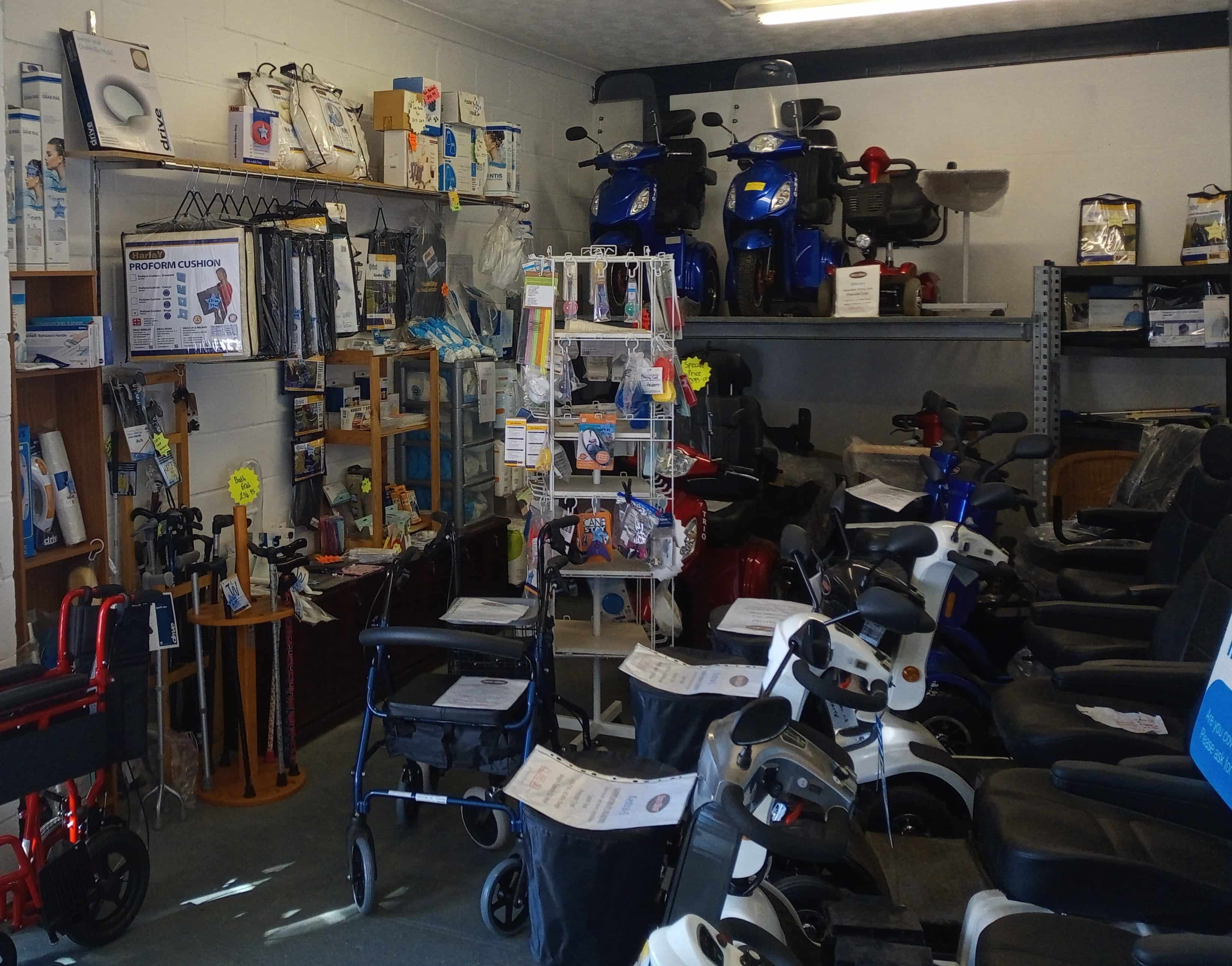 The KSP Mobility showroom interior in Brandon, showcasing rows of mobility scooters and daily living aids arranged for easy access.